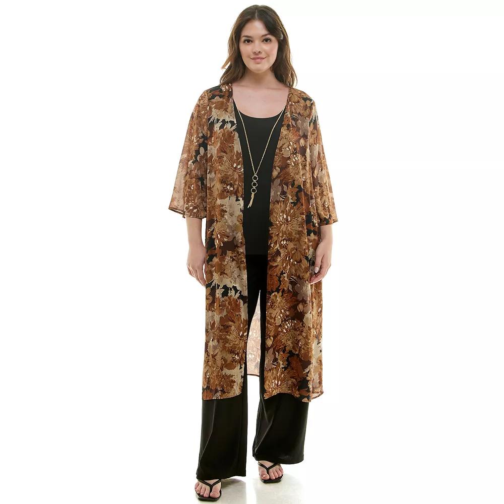 Plus Size Luxology 3-Piece Long Cardigan, Tank Top & Pants Set, Women's, Size: 3XL, Black Neutral Brown Product Image