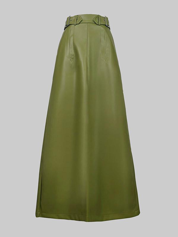 A-Line Loose Belted Solid Color Skirts Bottoms Product Image