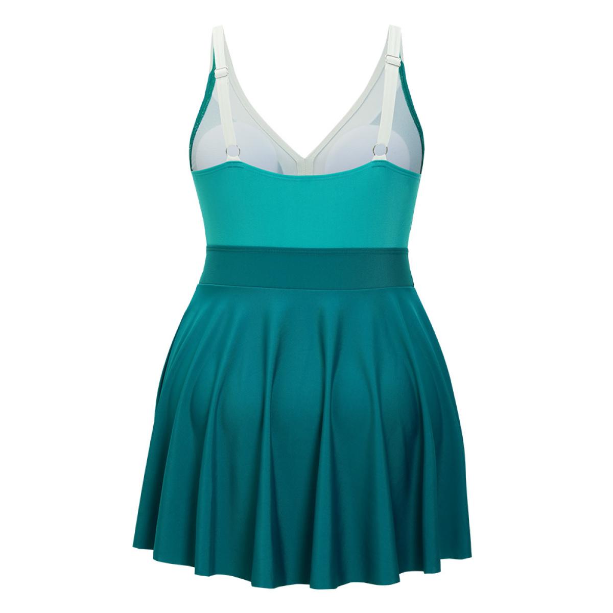 Plus Size Colorblock Contrast Sculpt Waist Ruffle Hem Gathered Swim Dress Women's Swimwear Emerald Vacation Bodycon V-neck High stretch Curve Swim Dresses BloomChic 26/4X Product Image