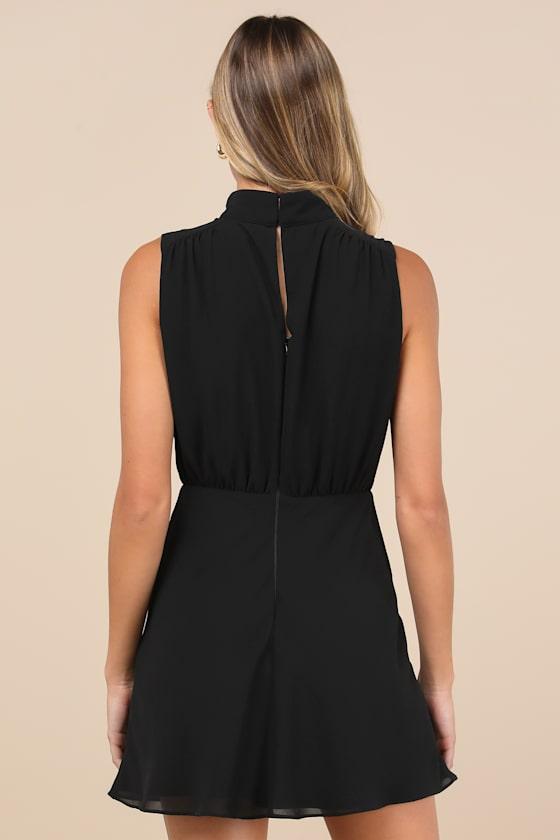 Classic Elegance Black Chiffon Sleeveless Mock Neck Mini Dress Product Image