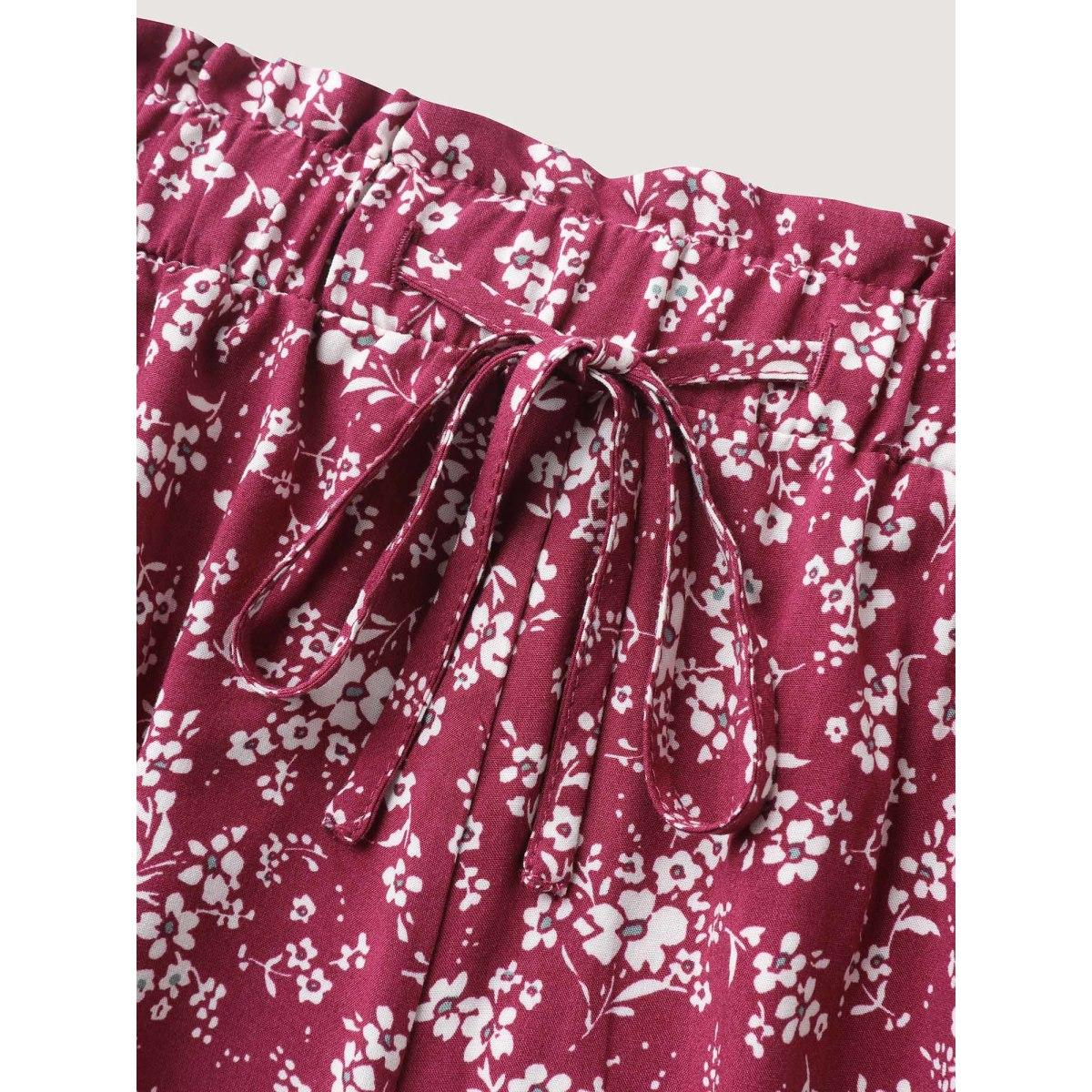 Plus Size Floral Waist-Tie Wide-Leg Shorts Women Burgundy Boho Patchwork Wide Leg Vacation Shorts BloomChic 28/5X Product Image