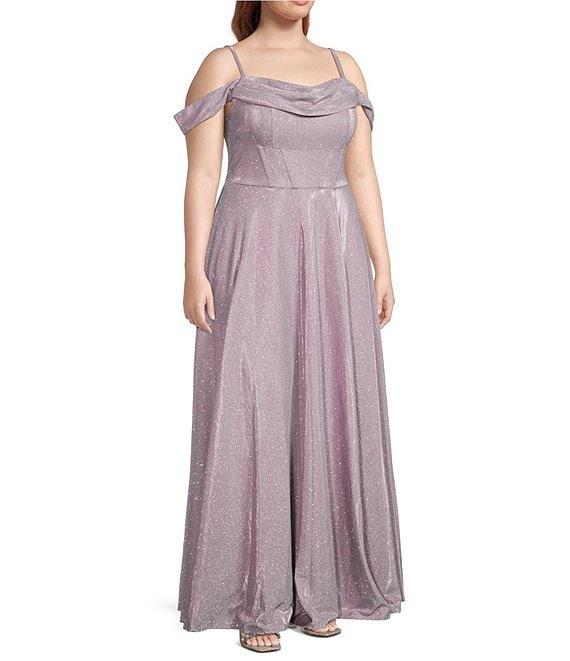 City Vibe Plus Size Off-The-Shoulder Drape Neck Spaghetti Strap Ballgown Product Image