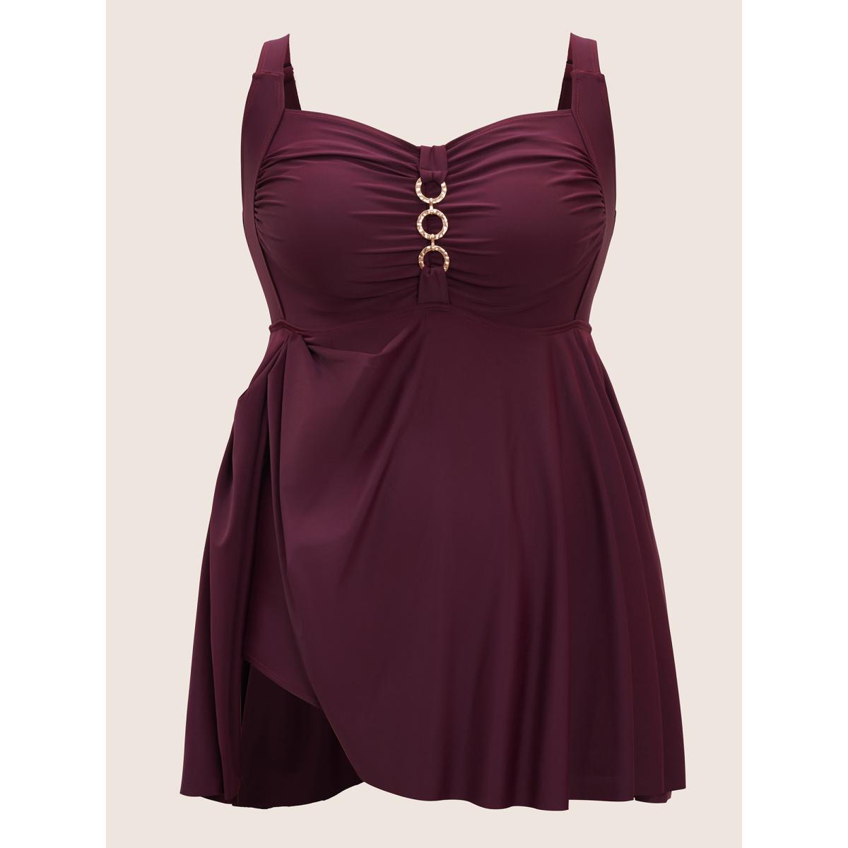 Plus Size Solid Metal Detail Square Neck Ruched Swim Dress Women's Swimwear Burgundy Beach Bodycon Heart neckline High stretch Curve Swim Dresses BloomChic 26/4X Product Image