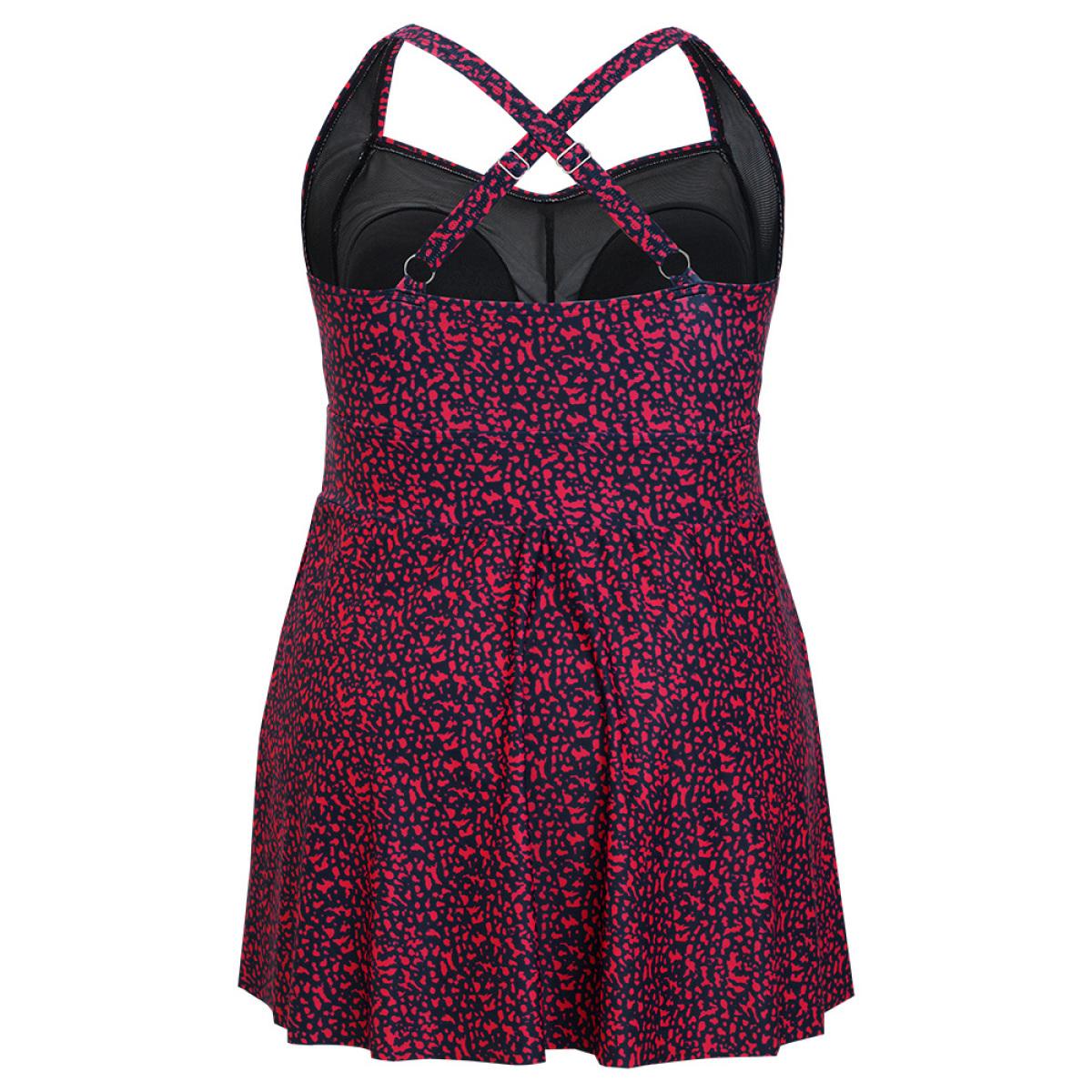 Plus Size Graphic Print Gathered Flutter Hem Crossover Swim Dress Women's Swimwear RedViolet Vacation Bodycon High stretch Curve Swim Dresses BloomChic 12/L Product Image