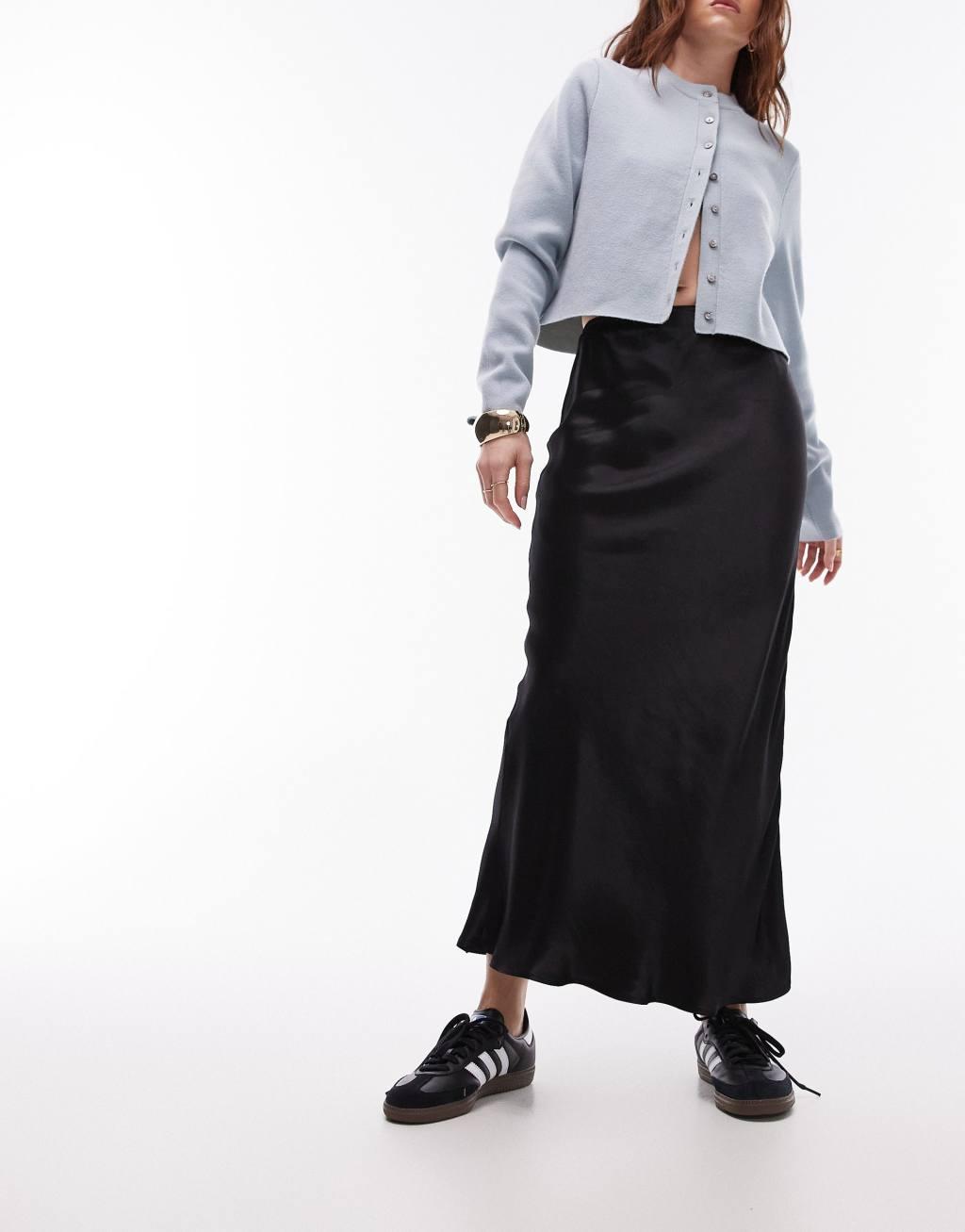 Topshop satin bias midi skirt in black Product Image