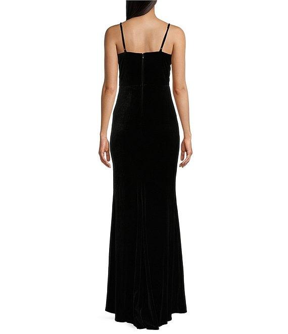 City Vibe Spaghetti Strap Velvet Long Rhinestone Bows Dress Product Image