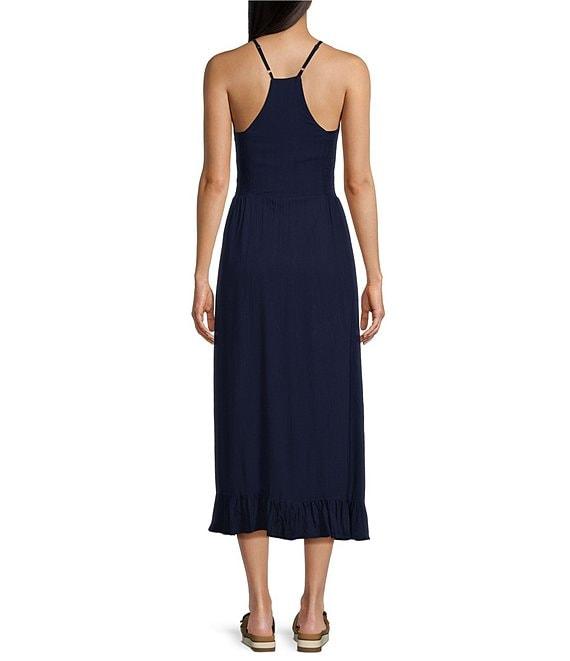 Angie Scoop Neck Spaghetti Strap Racer Back Ruffle Front Midi Dress Product Image