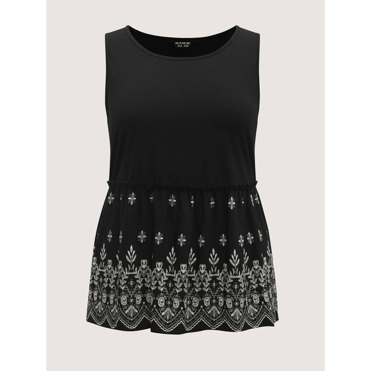 Plus Size Boho Print Round Neck Tank Top Women Black Boho Frill Trim Round Neck Vacation Tank Tops Camis BloomChic 30/6X Product Image