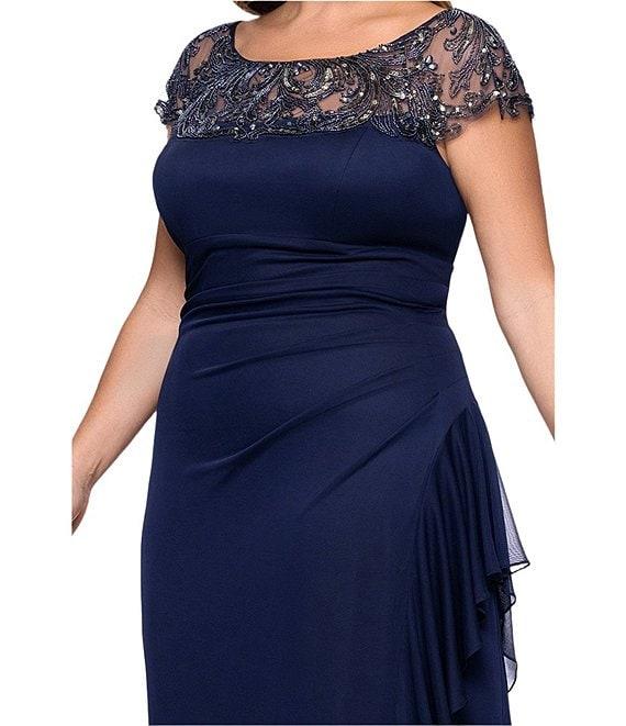 Xscape Plus Size Boat Neck Short Sleeve Mesh Beaded Yoke Gown Product Image