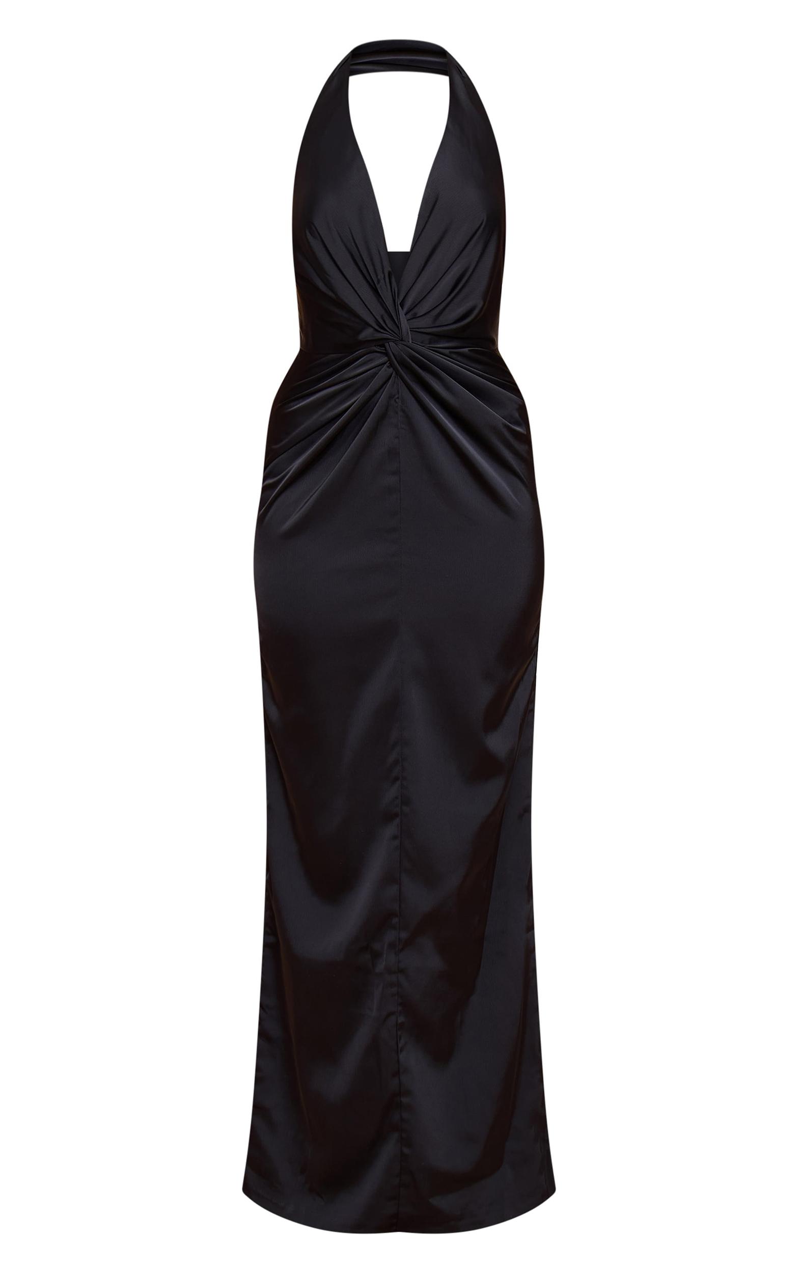 Black Bridesmaid Satin Twist Detail Halterneck Maxi Dress Product Image