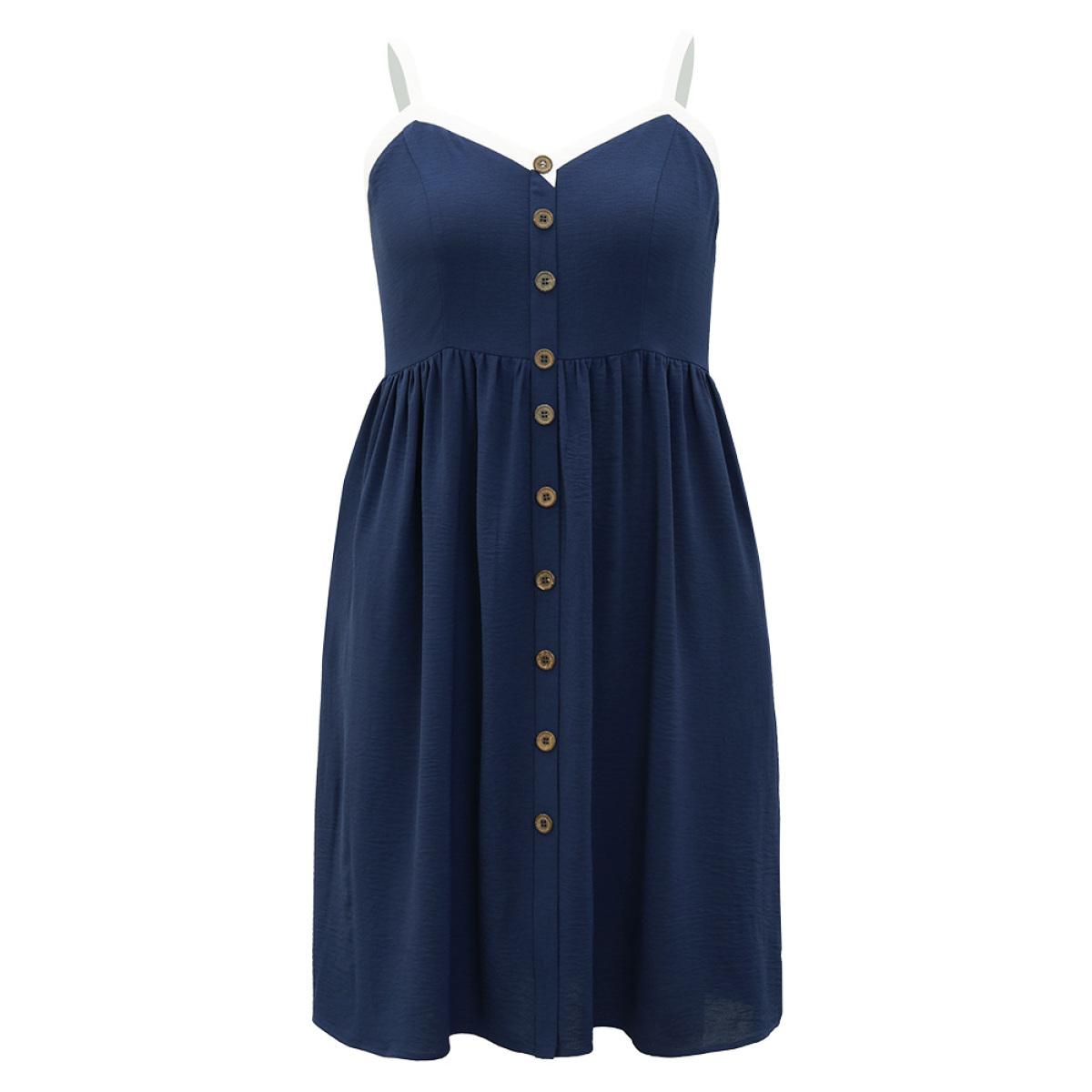 Plus Size Contrast Trim Pocket Button Detail Gathered Cami Dress Indigo Women Office Adjustable Straps Spaghetti Strap Sleeveless Curvy Midi Dress BloomChic 18-20/2X Product Image
