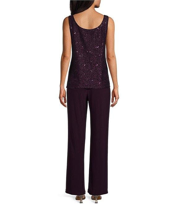 R & M Richards Sequin Glitter Scalloped Lace Scoop Neck 3/4 Sleeve 3-Piece Duster Pant Set Product Image