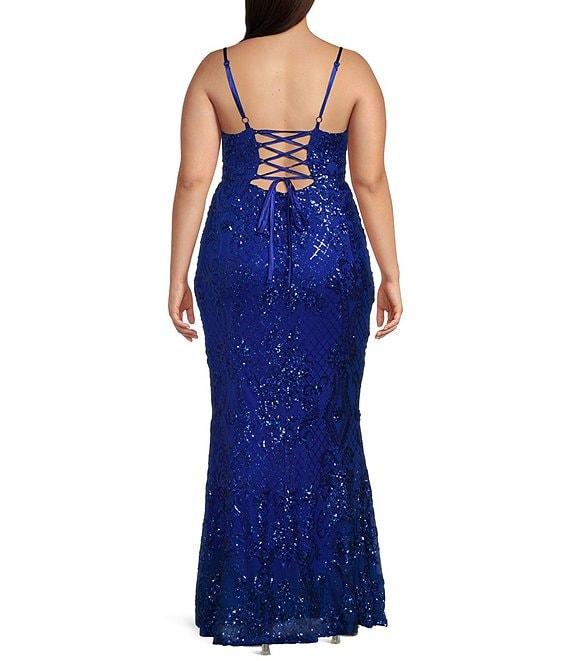 B. Darlin Plus Size Sequin Pattern Scoop Neck Spaghetti Strap Side Slit Dress Product Image