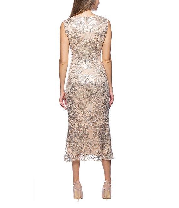Marina Sleeveless V-Neck Sequin Lace Midi Dress Product Image