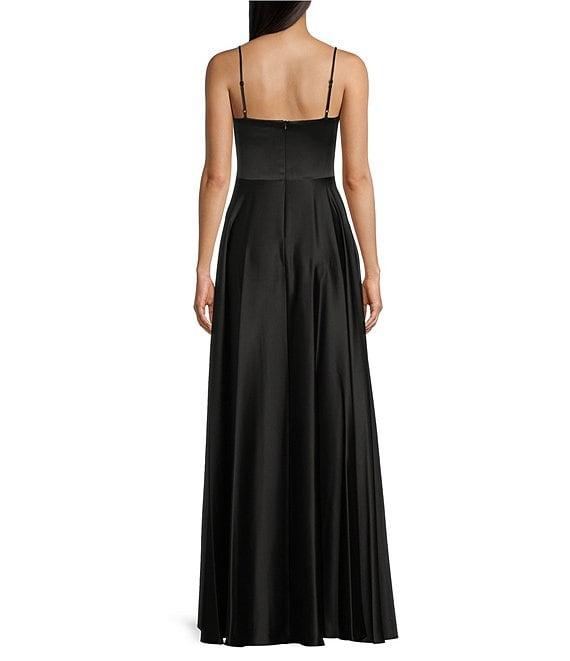 Next Up Satin Cowl Neck Corset Front Slit Long Dress Product Image
