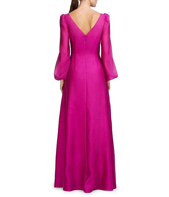 Kay Unger Sydney Illusion Boat Neck V-Back Textured Organza Bishop Sleeve Gown Product Image