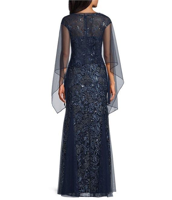 Alex Evenings V-Neck Cap Sleeve Floral Embroidered Stretch Tulle Godet Skirt Long Dress Product Image