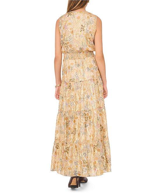 1. STATE Woven Paisley Print V-Neck Sleeveless Smocked Waist Tiered Fit and Flare Maxi Dress Product Image