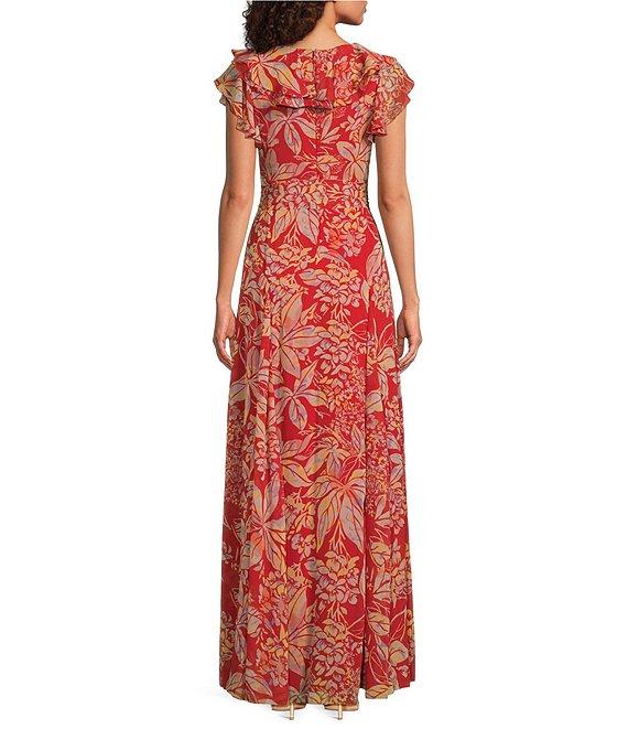 Lauren Ralph Lauren Floral Print Crinkle Georgette V-Neck Ruffle Trim A-Line Maxi Dress Product Image