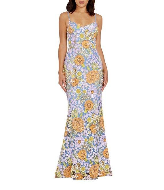 Dress the Population Sequin Floral V Neckline Sleeveless Mermaid Gown Product Image