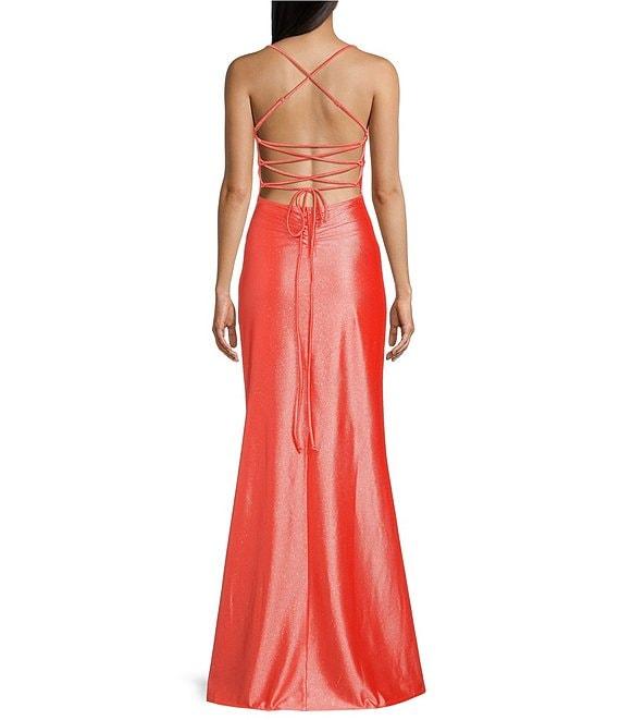 Honey and Rosie Glitter Lace-Up Back Front Slit Mermaid Long Dress Product Image