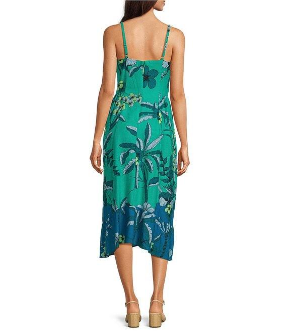 Donna Morgan V-neck Sleeveless Asymmetrical Hem Tropical Print Linen Blend Midi Dress Product Image