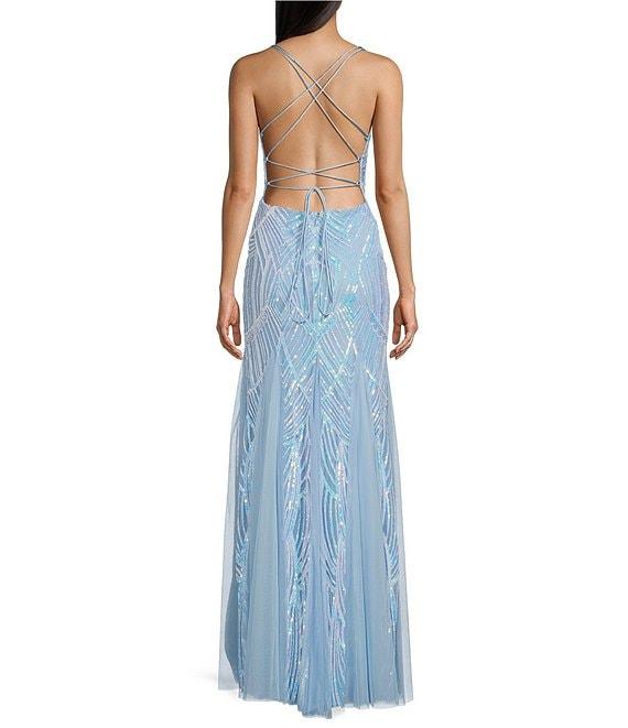 Blondie Nites Sequin Pattern Sweetheart Neck Spaghetti Strap Corset Tie Back Mesh Godet Gown Product Image