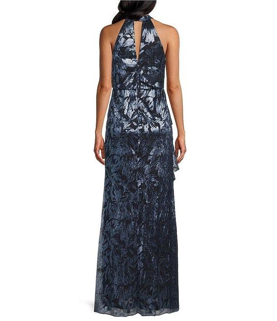 Adrianna Papell Keyhole Halter Neck Sleeveless Floral Print Metallic Crinkle Ruffle Gown Product Image