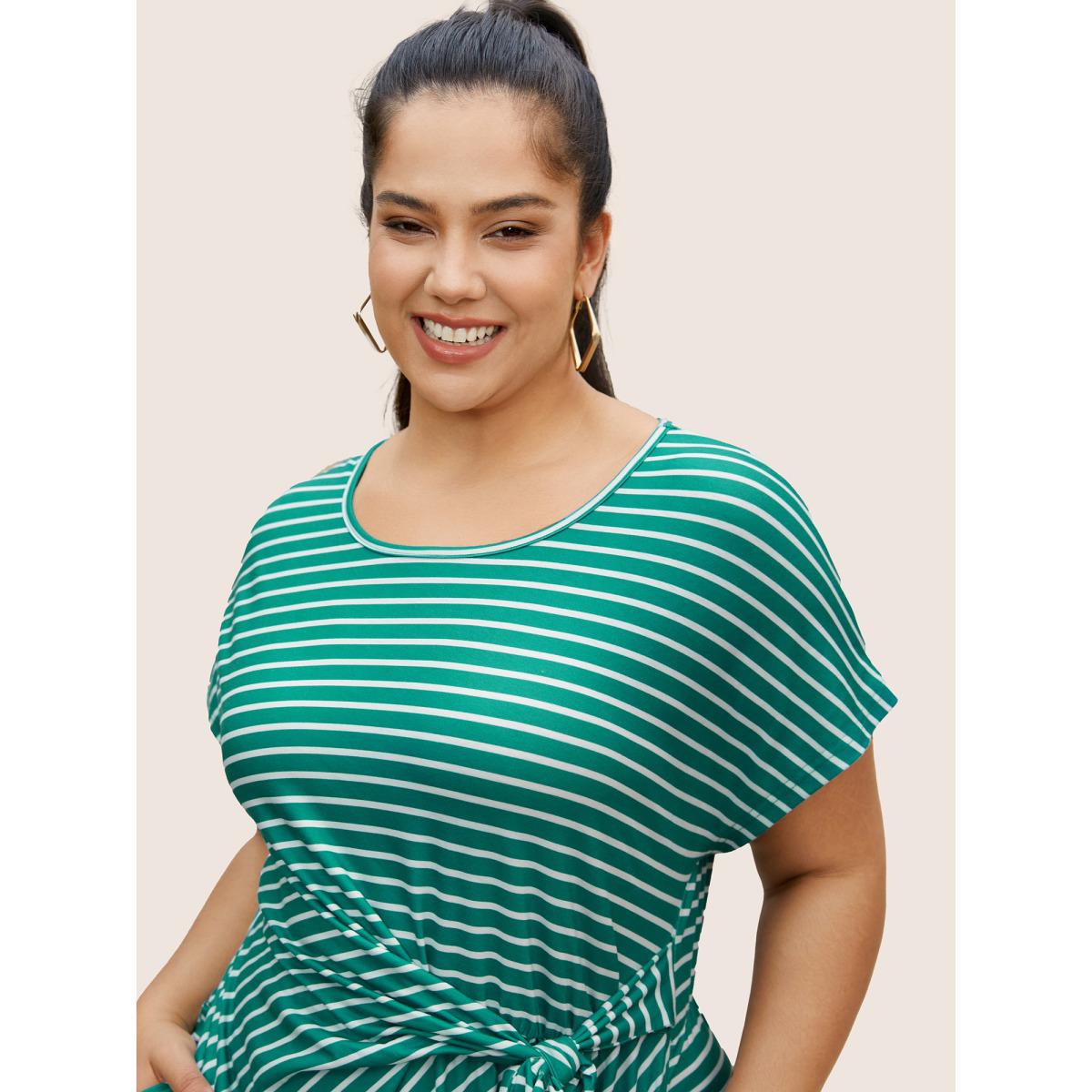 Plus Size Striped Tie Knot Batwing Sleeve Split Side Dress Emerald Women Casual Tie knot Round Neck Cap Sleeve Curvy BloomChic 18-20/2X Product Image