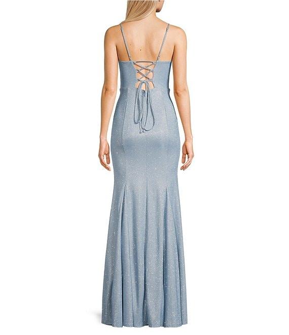 Midnight Doll Fairy Dust Pattern V-Neck Spaghetti Strap Lace Up Back Godet Dress Product Image