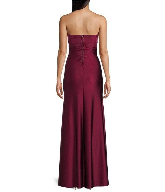 Honey and Rosie Strapless Sweetheart Neck Keyhole Center Ruffle Shirred Front Slit Gown Product Image