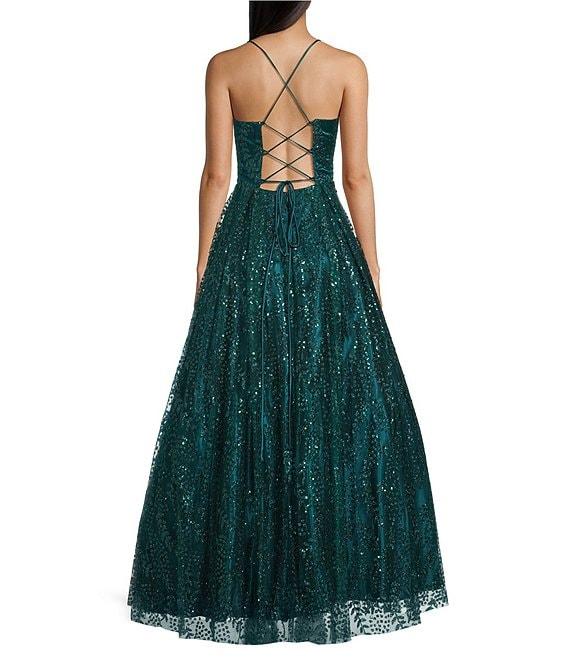 Blondie Nites Glitter Leaf Print Sweetheart Pinch Neck Tie Back A-Line Ball Gown Product Image