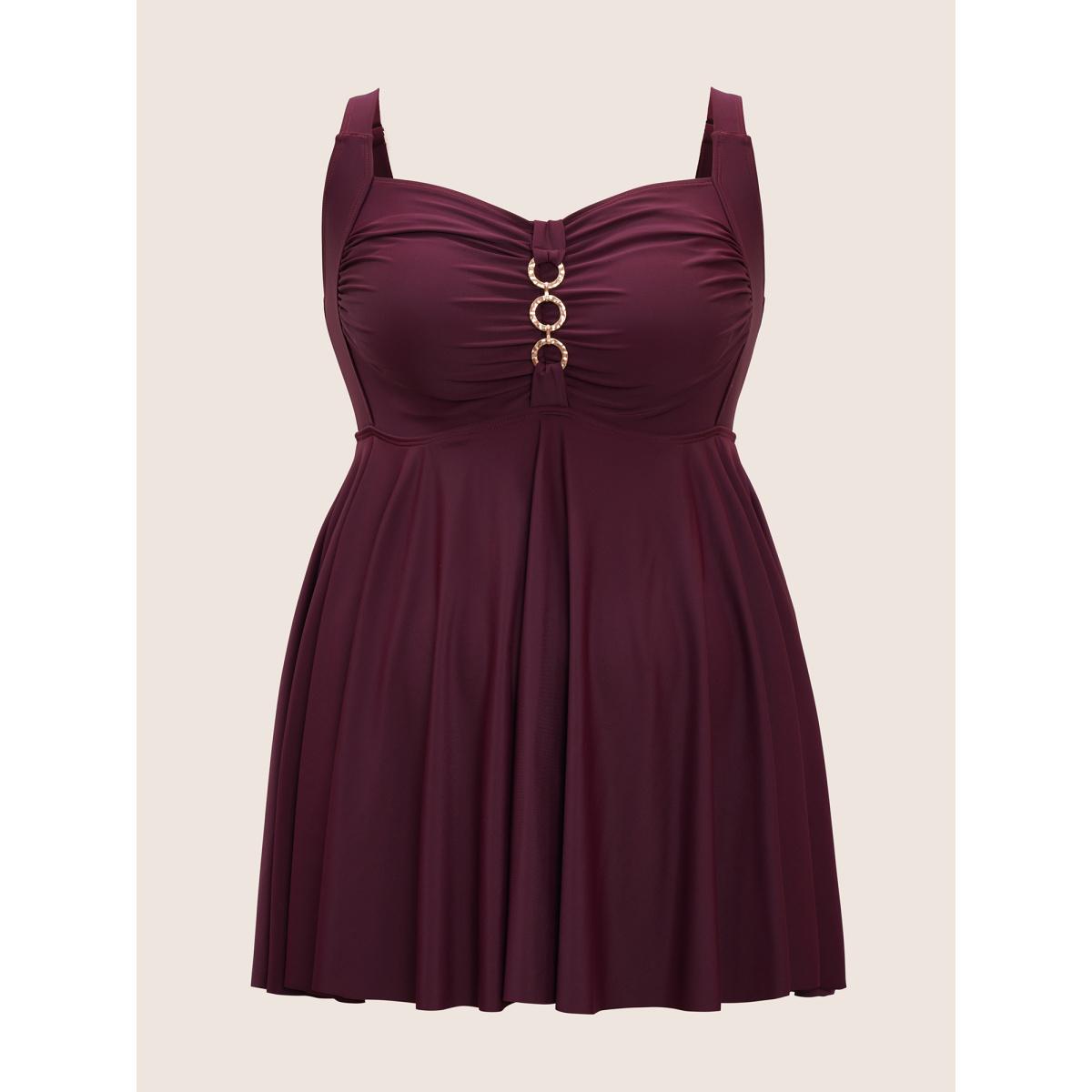 Plus Size Solid Metal Detail Square Neck Ruched Swim Dress Women's Swimwear Burgundy Beach Bodycon Heart neckline High stretch Curve Swim Dresses BloomChic 26/4X Product Image