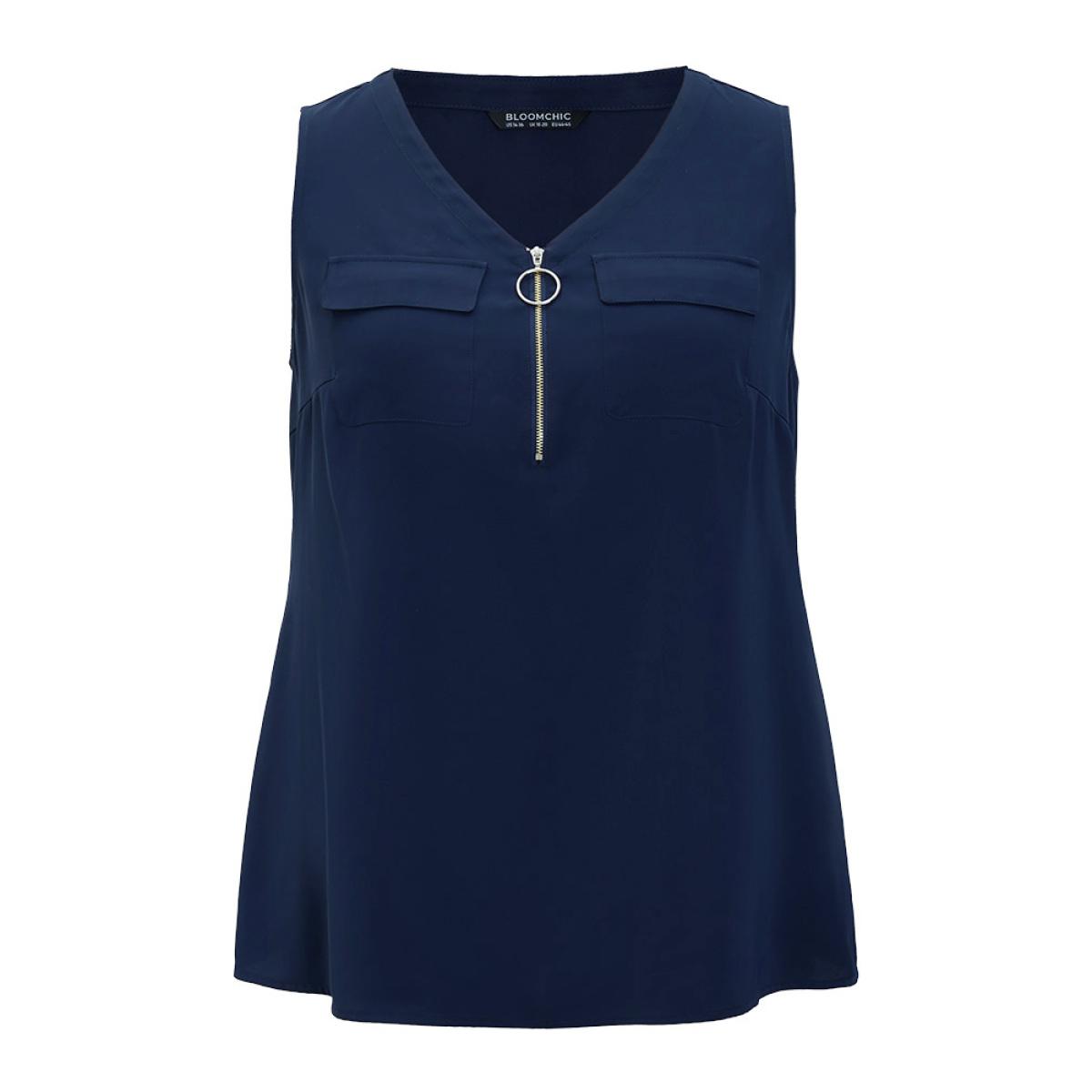 Plus Size Solid Half Zipper Flap Detail Tank Top Women Indigo Casual Zipper V-neck Dailywear Tank Tops Camis BloomChic 18-20/2X Product Image