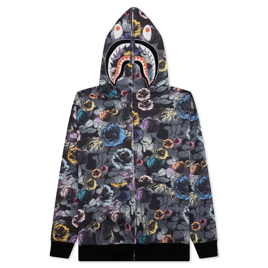 Floral Camo Shark Relaxed Fit Full Zip Hoodie - Black Male Product Image