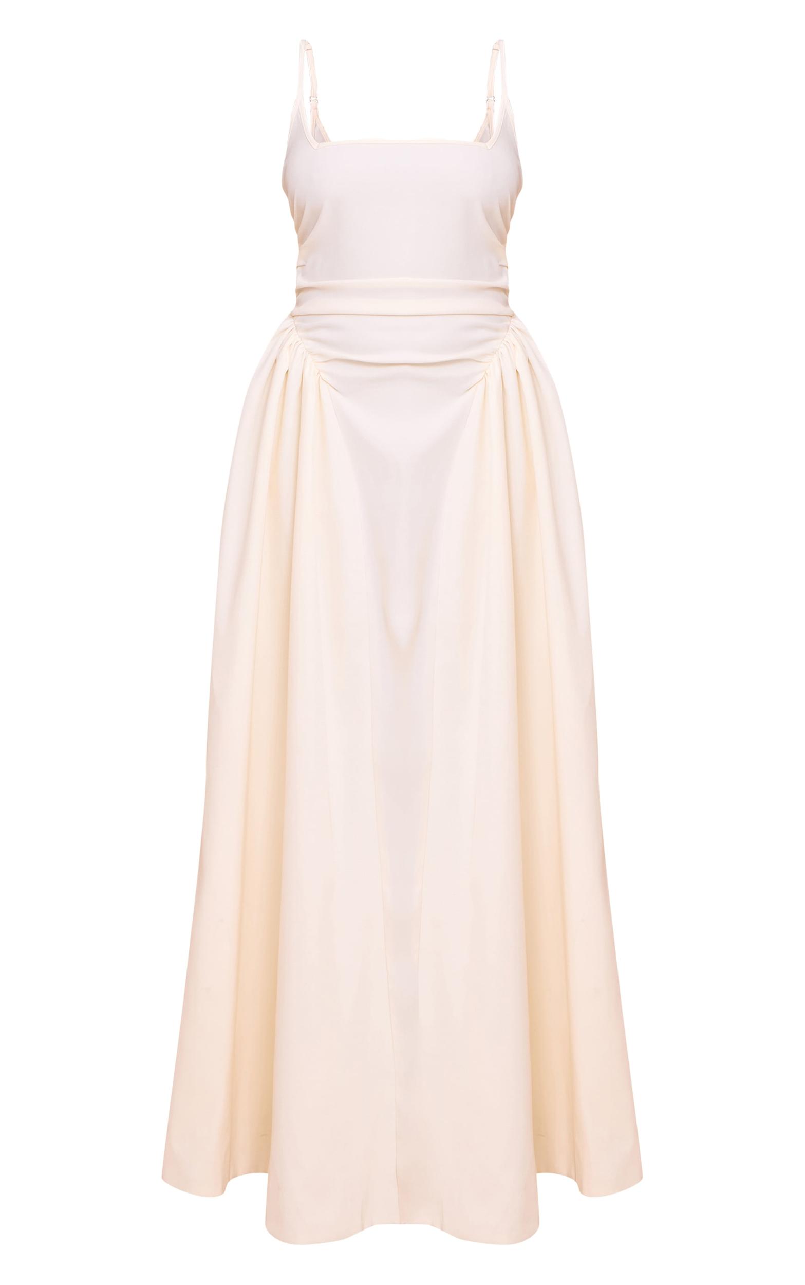 Cream Woven Ruched Strappy Midi Dress Product Image