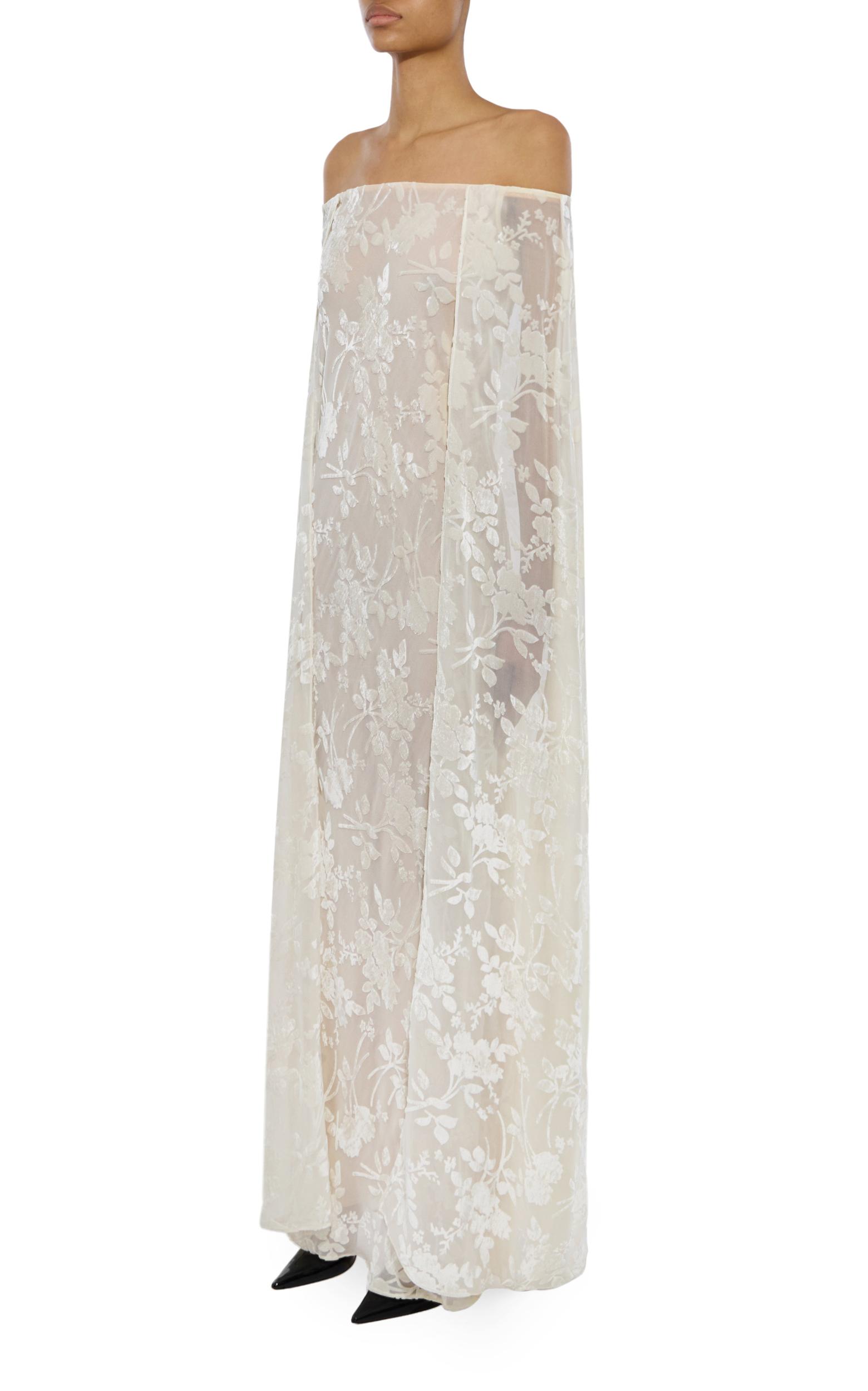 Off White Floral Velvet Devoré Off the Shoulder Cape Gown Product Image