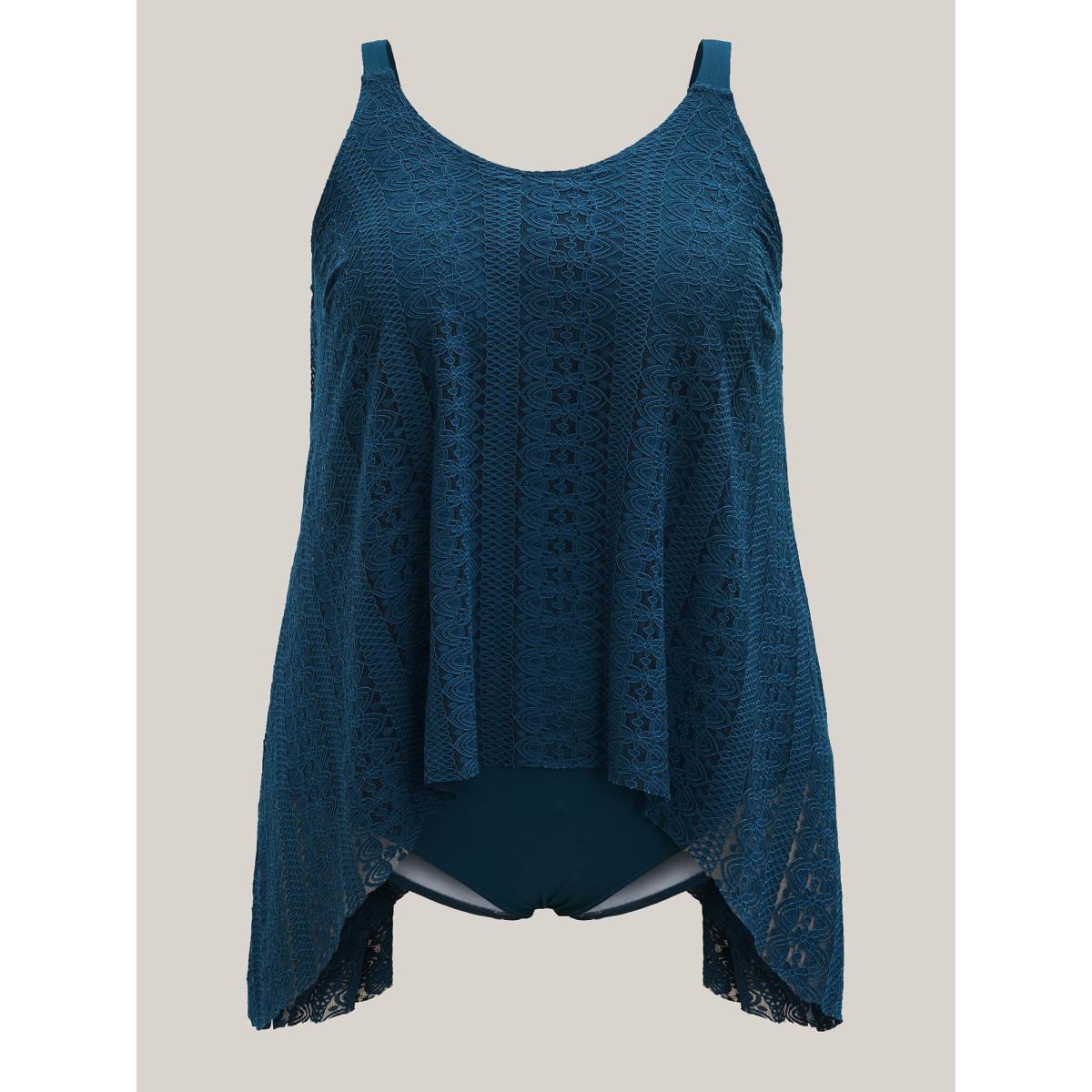 Plus Size Lace Hi-Low Hem Flared Tiered One-Piece Swimsuit Women's Swimwear Cyan Beach Gathered Curve Bathing Suits High stretch One Pieces BloomChic 12/L Product Image