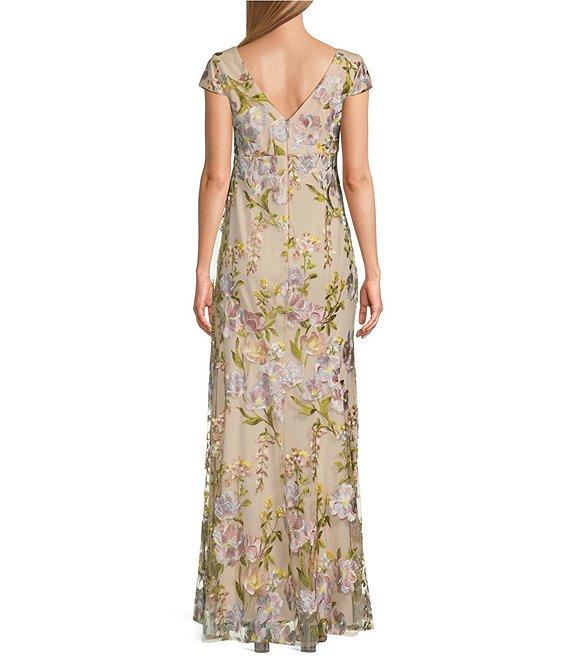 R & M Richards Cap Sleeve V-Neck Floral Embroidered Mesh Gown Product Image