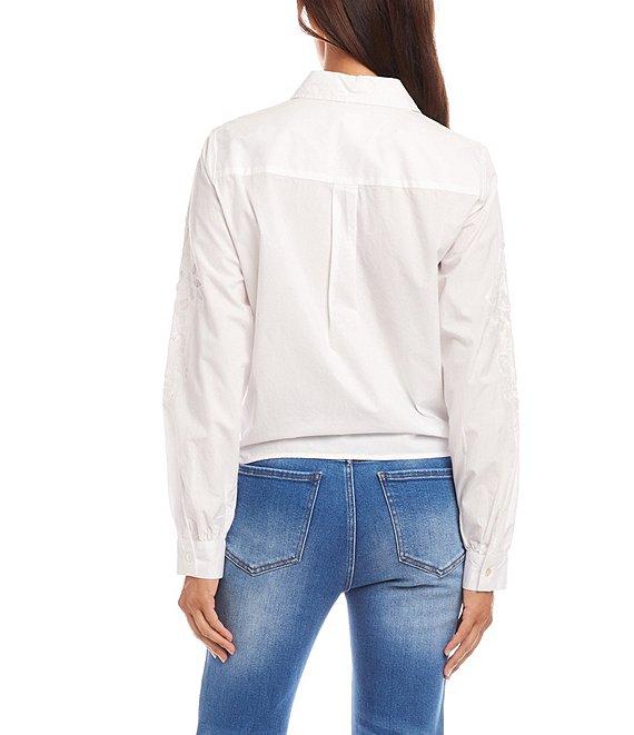 Karen Kane Eyelet Embroidered Floral Tie-Front Point Collar Long Sleeve Top Product Image