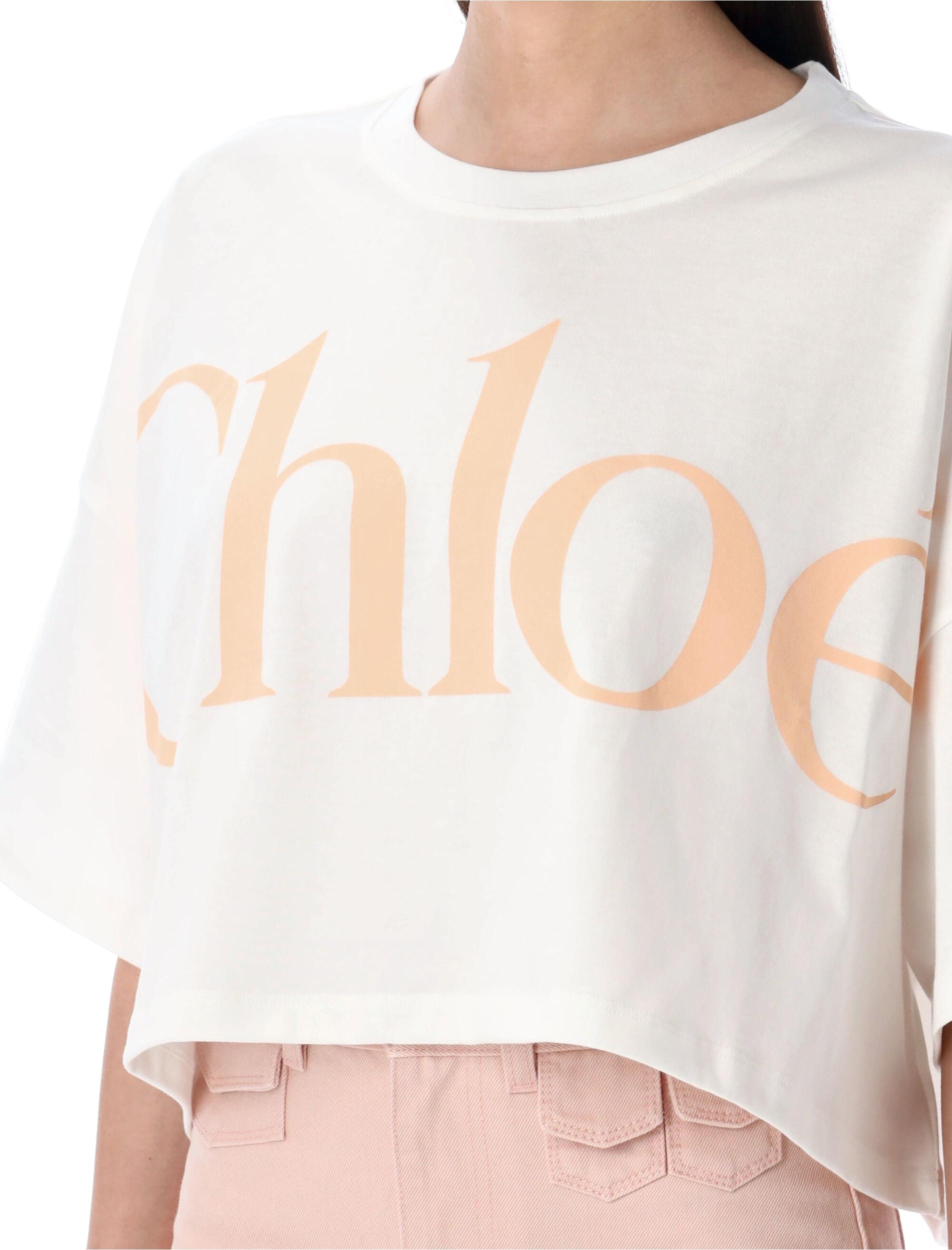 CHLOÉ White Cropped Crewneck T-shirt With Maxi Logo Print On The Front In Cotton Woman In Multicolor Product Image