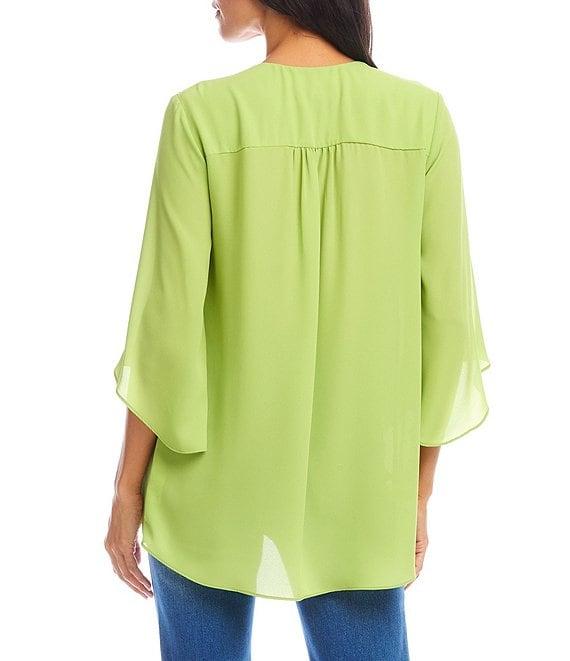 Karen Kane Silky Crepe V-Neck 3/4 Flare Sleeve Asymmetric Top Product Image