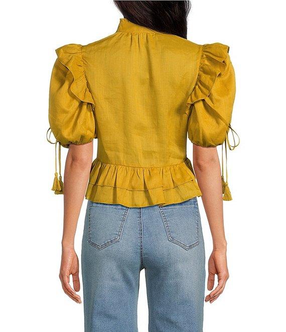 A Loves A Woven Ruffle Split V-Neck Short Bubble Sleeve Cropped Flounce Blouse Product Image