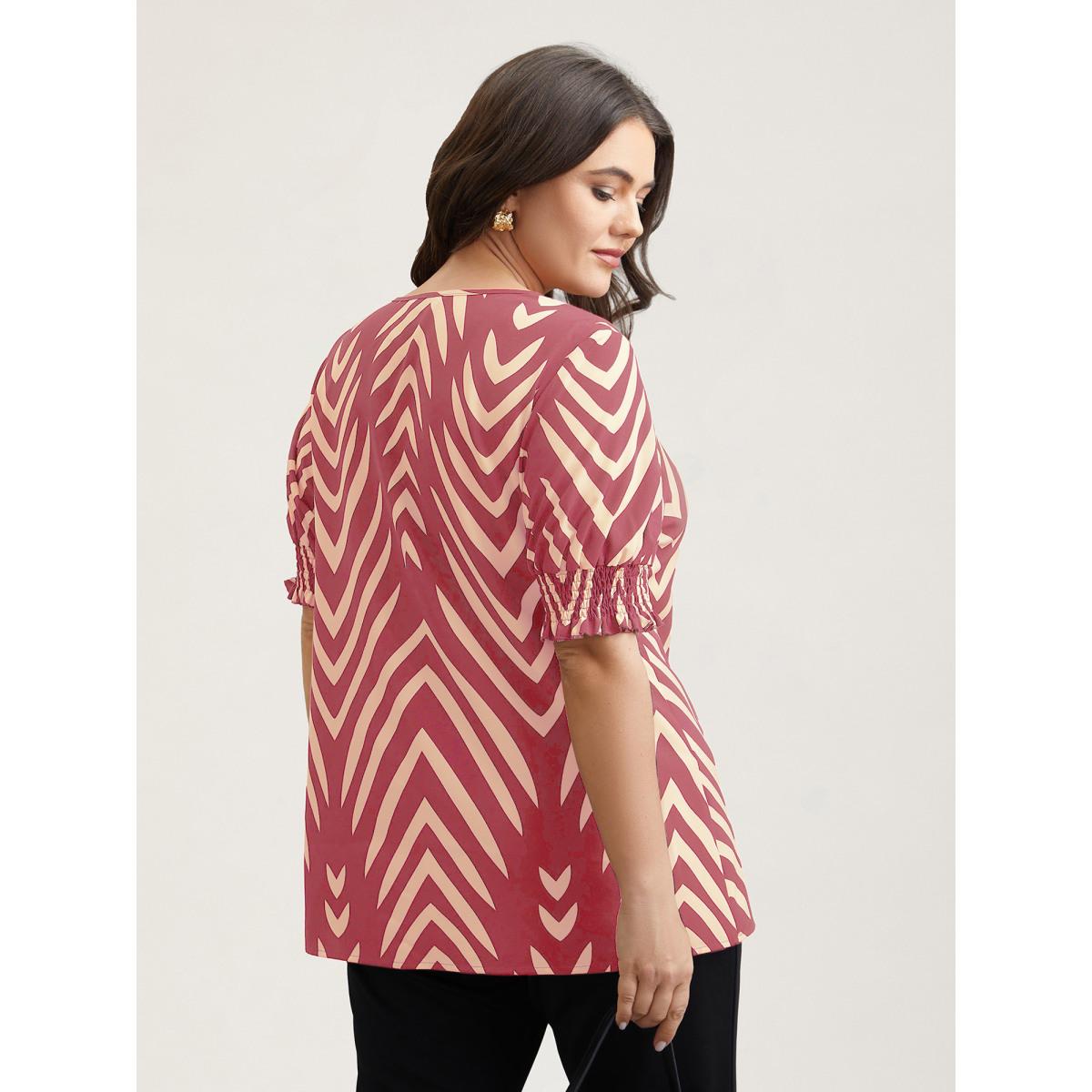 Plus Size Peach Geometric Print Ruffled Shirred Shirt Women At the Office Half Sleeve Flat collar with V-notch Work Blouses BloomChic 22-24/3X Product Image