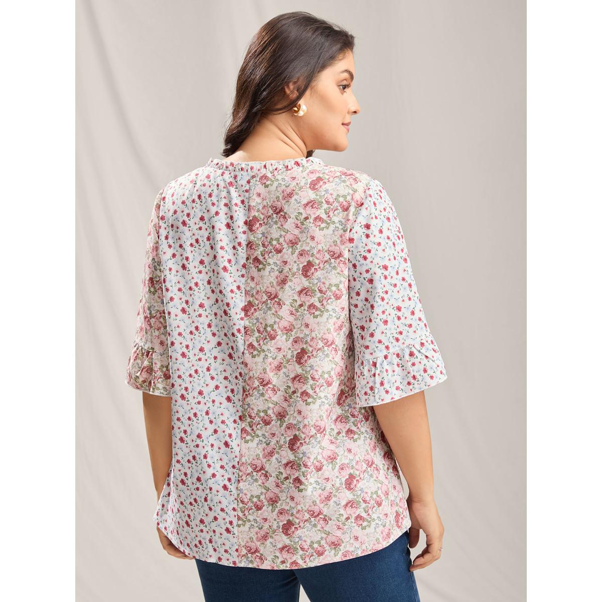 Plus Size Lightpink Floral Contrast Print Button Detail Blouse Women Timeless Half Sleeve Notched collar Elegant Blouses BloomChic 12/L Product Image