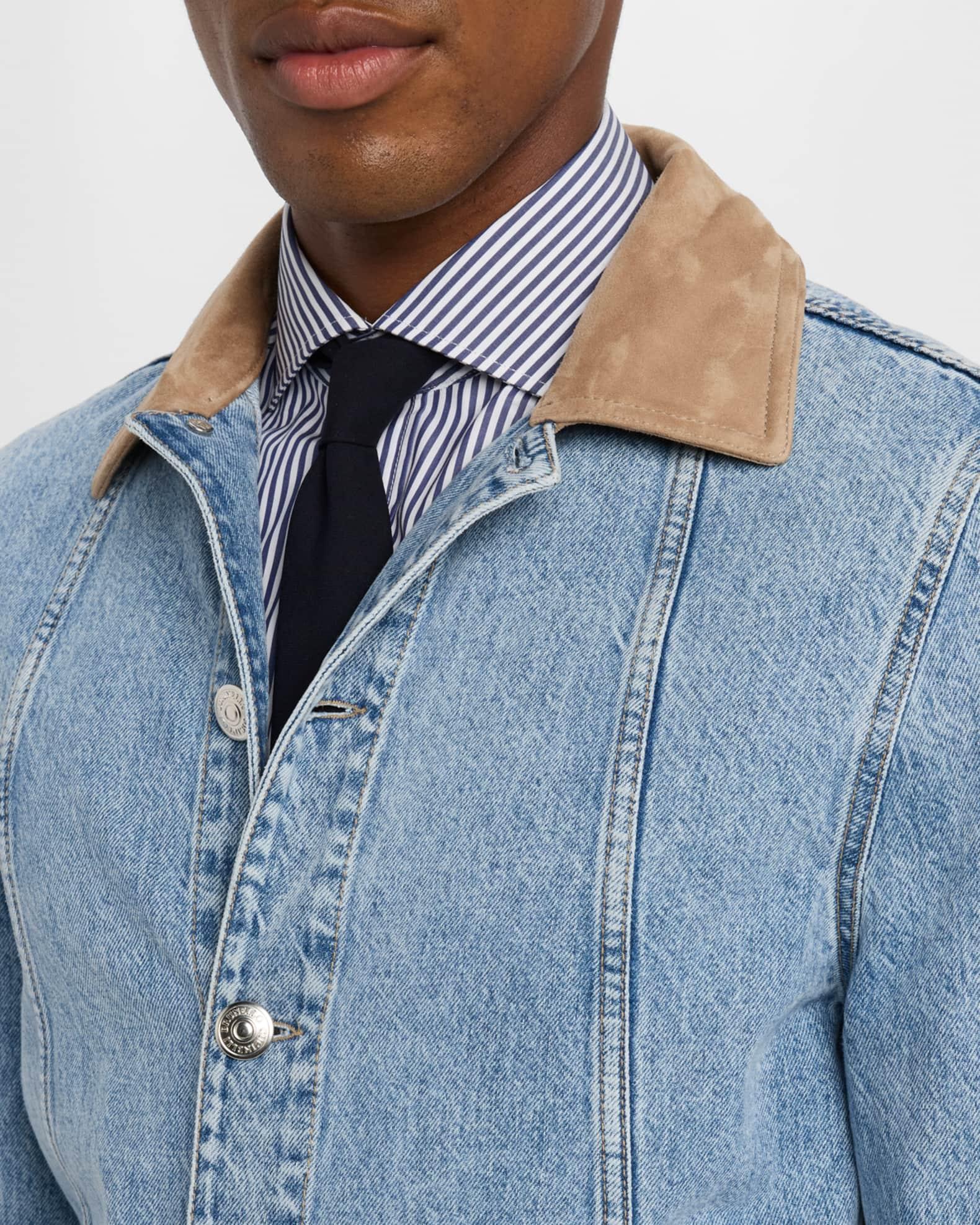 Men's Suede-Collar Light Wash Denim Jacket Product Image