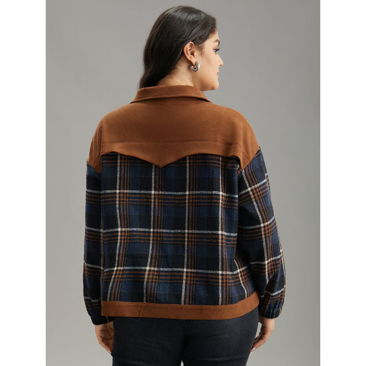Plus Size Plaid Patchwork Pocket Lapel Collar Zipper Fly Jacket Women Multicolor Contrast Pocket Dailywear Jackets BloomChic 10/M Product Image