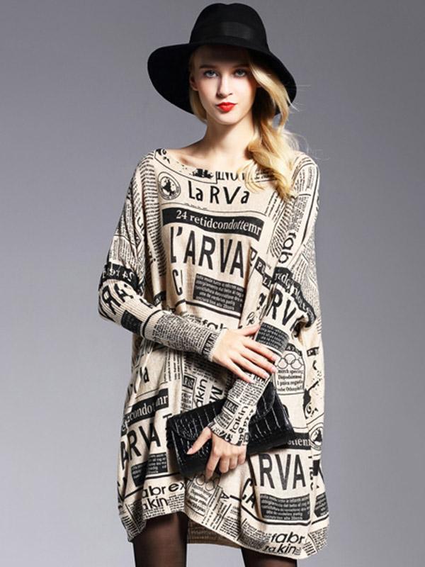 Vintage Loose One-Shoulder Newspaper Printed Split-Joint Sweater Product Image