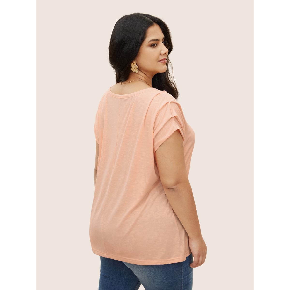 Plus Size Plain Round Neck Gathered Batwing Sleeve T-shirt Crepe Women Elegant Gathered Round Neck Everyday T-shirts BloomChic 30/6X Product Image
