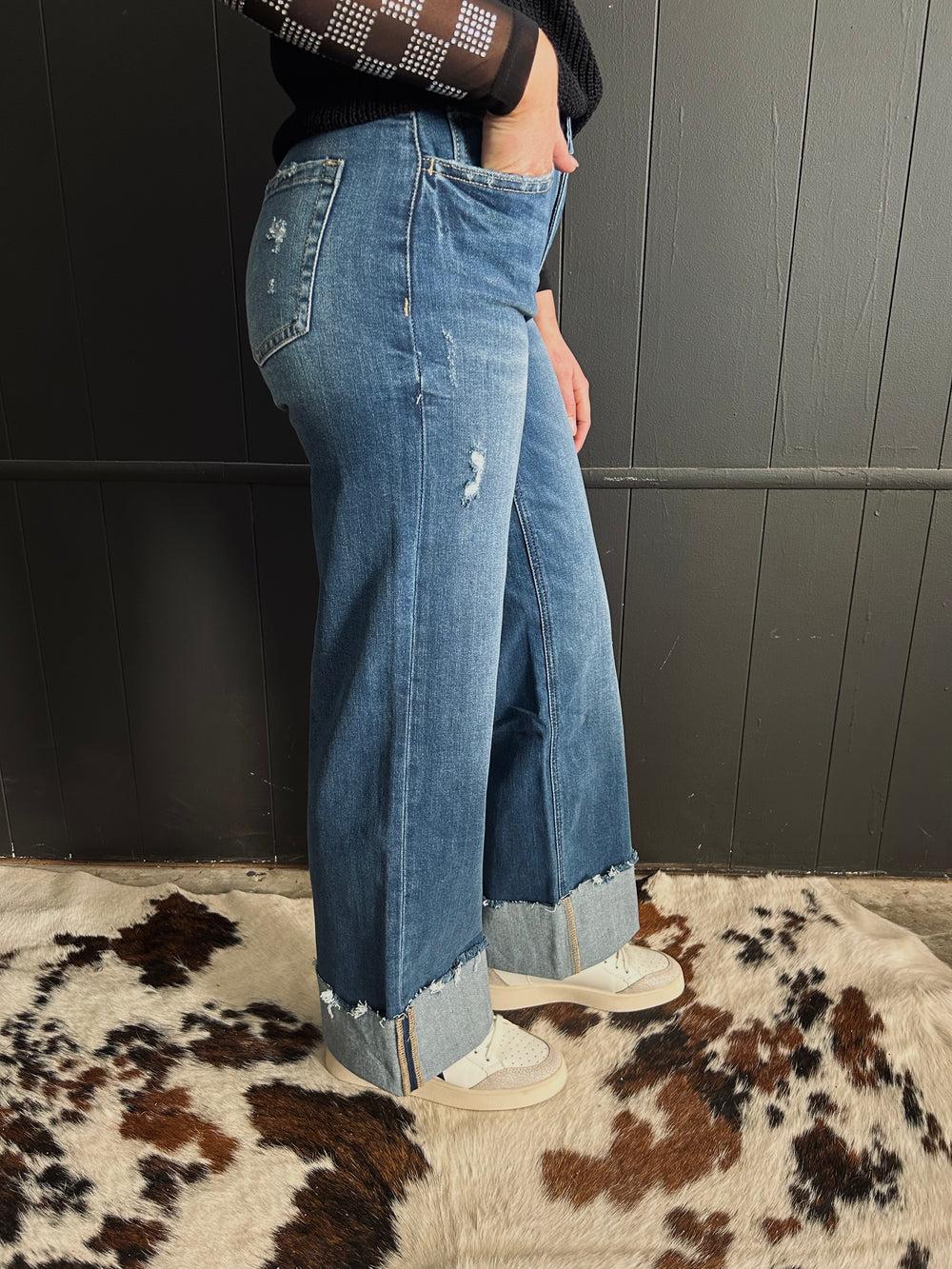 High Rise Wide Leg Cuff Jeans loop Product Image